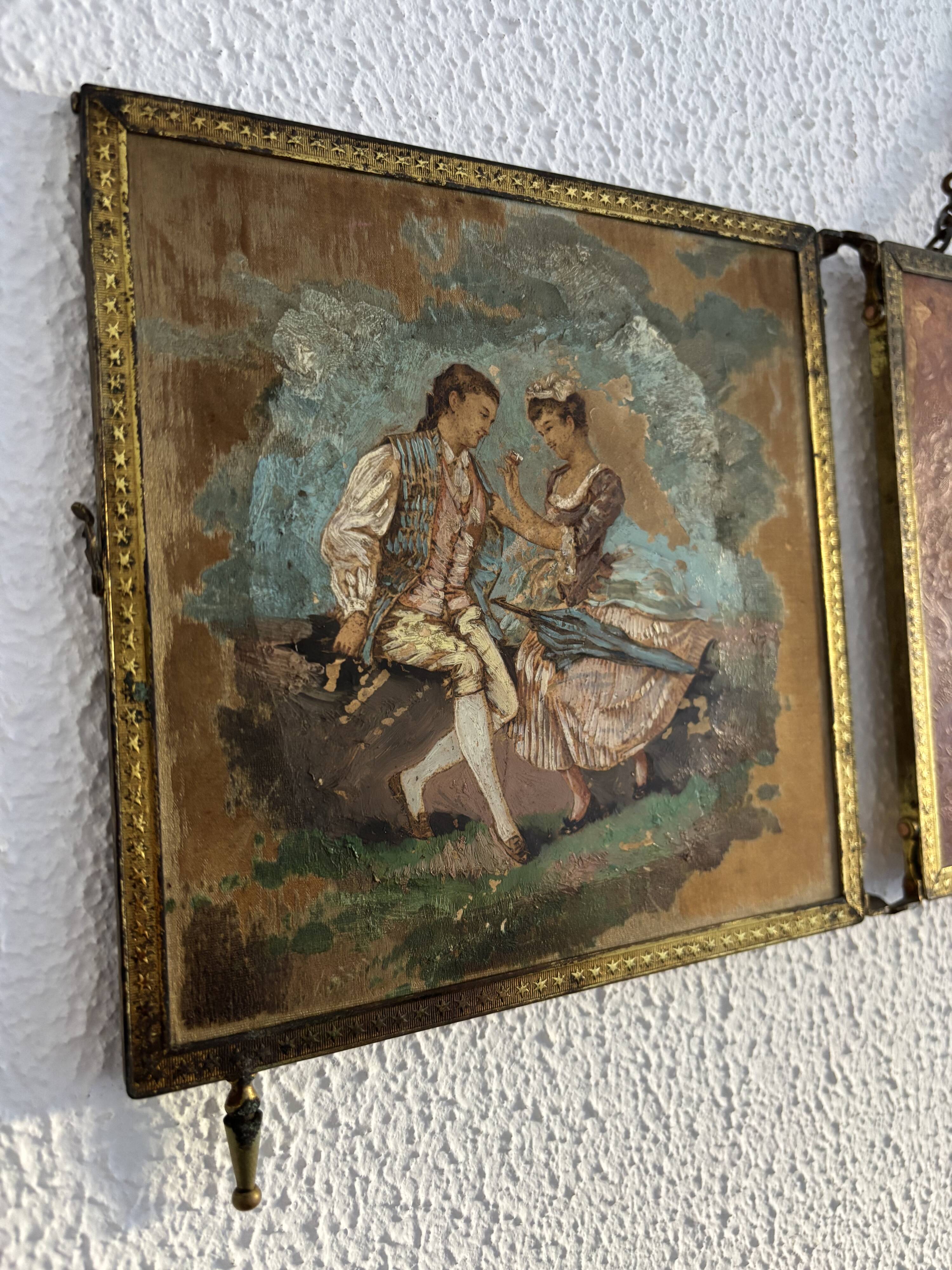 Vintage 1900 triptych barber mirror in gold, gallant scene - 20 x 59 cm