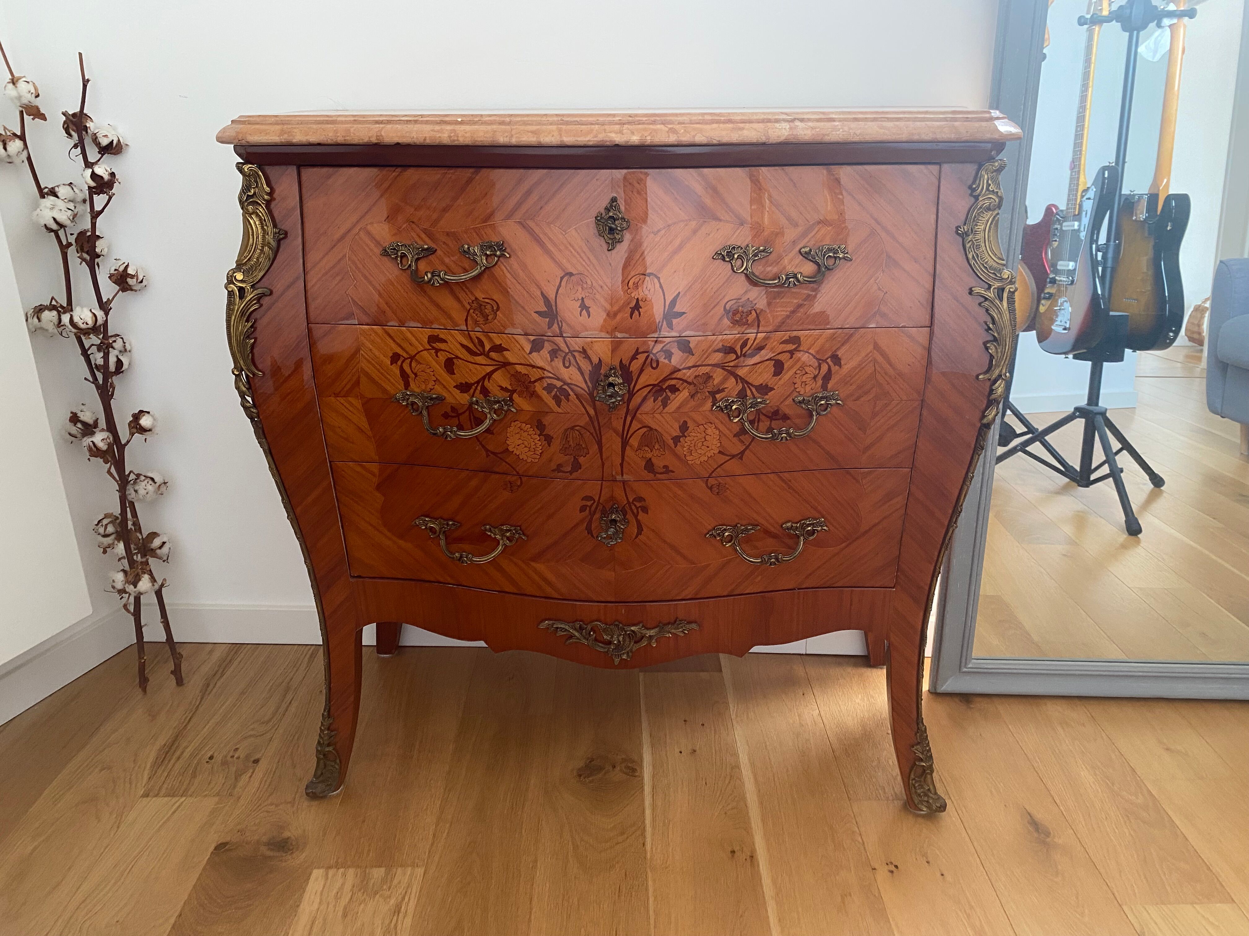 Commode 3 drawers galbee style louis xv marquetry marble top