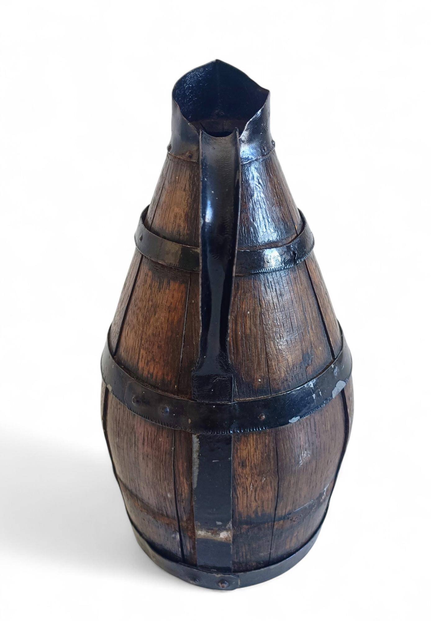 19th Century Rustic French Oak and Metal Hand-Crafted Pitcher