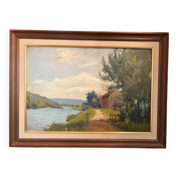 Ancien Tableau Huile Georges LE MEILLEUR Maison sur la Marne Impressionnism