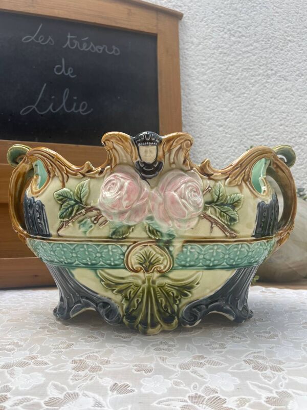 Cache-pot / Jardinière en Barbotine Onnaing Grand vers 1900 Style Ar