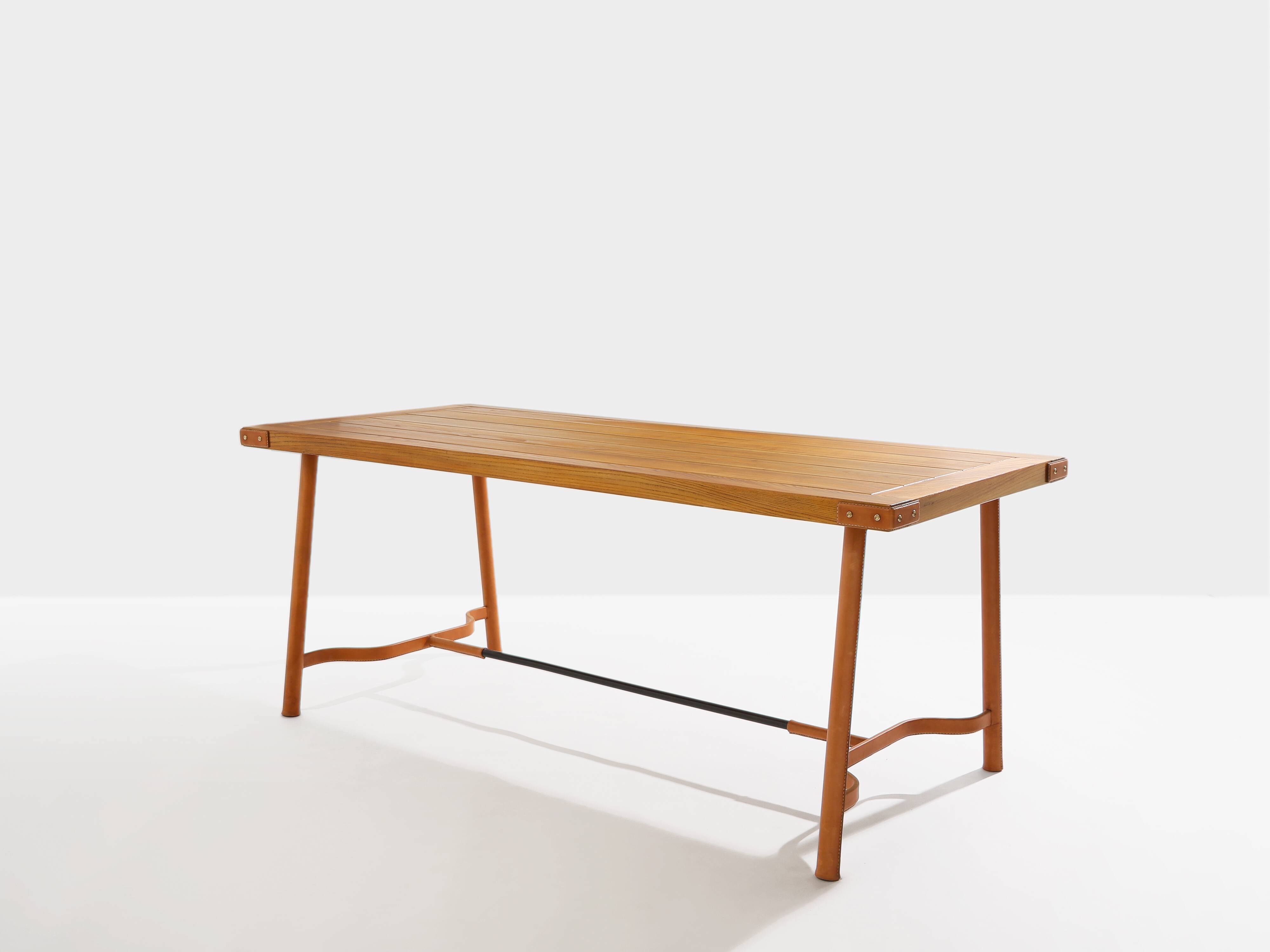 Jacques Adnet dining table oak red leather brass 1950