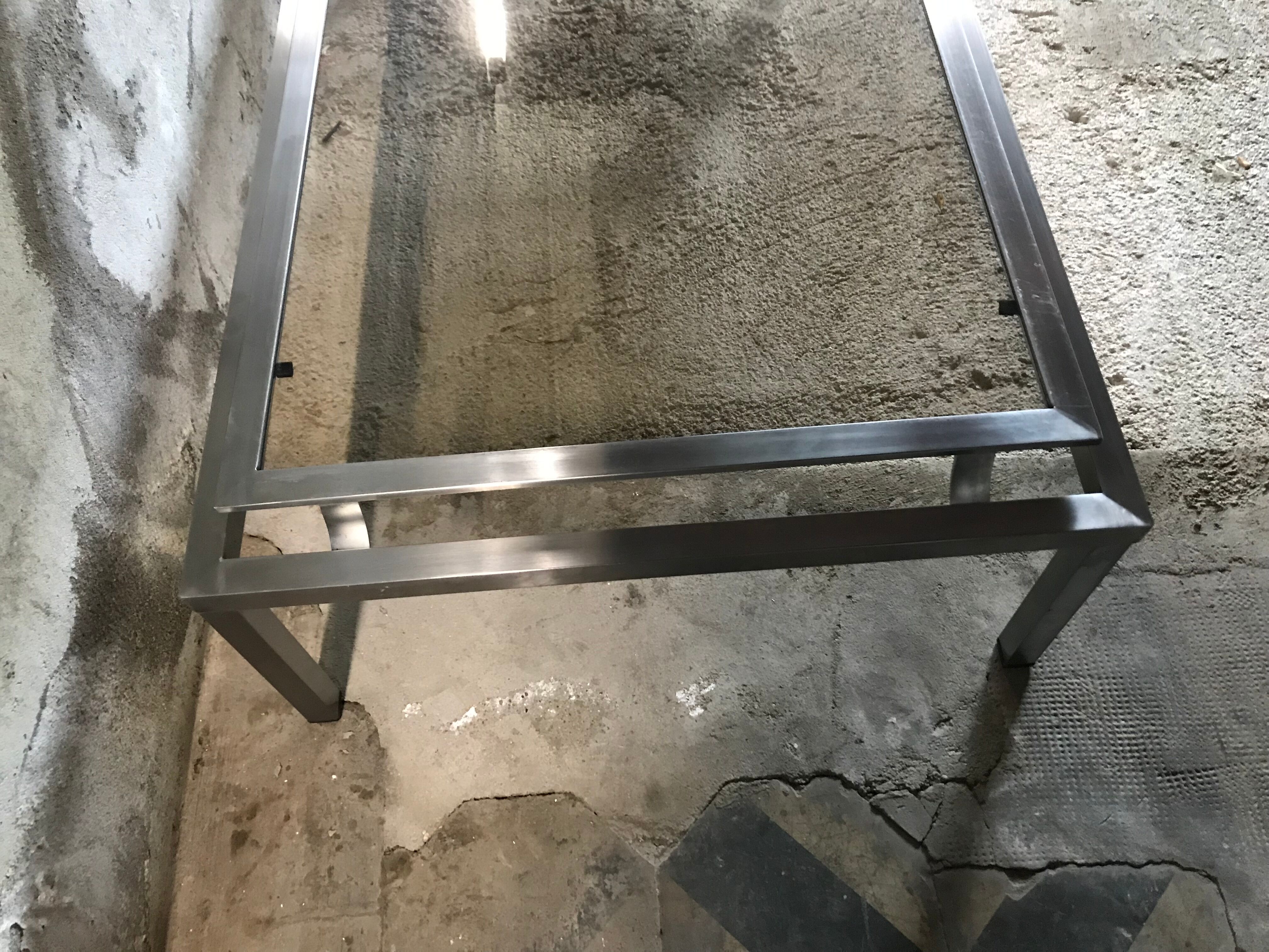 Vintage 1970 stainless steel coffee table and smoked glass