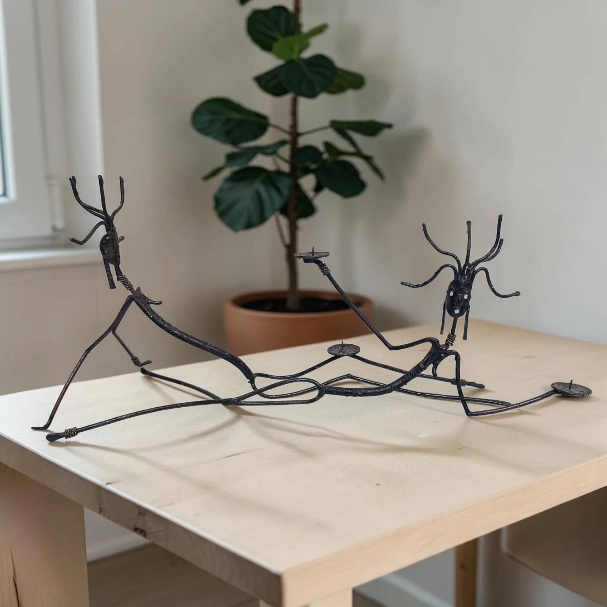 Set of tribal brutalist metal candle holders women