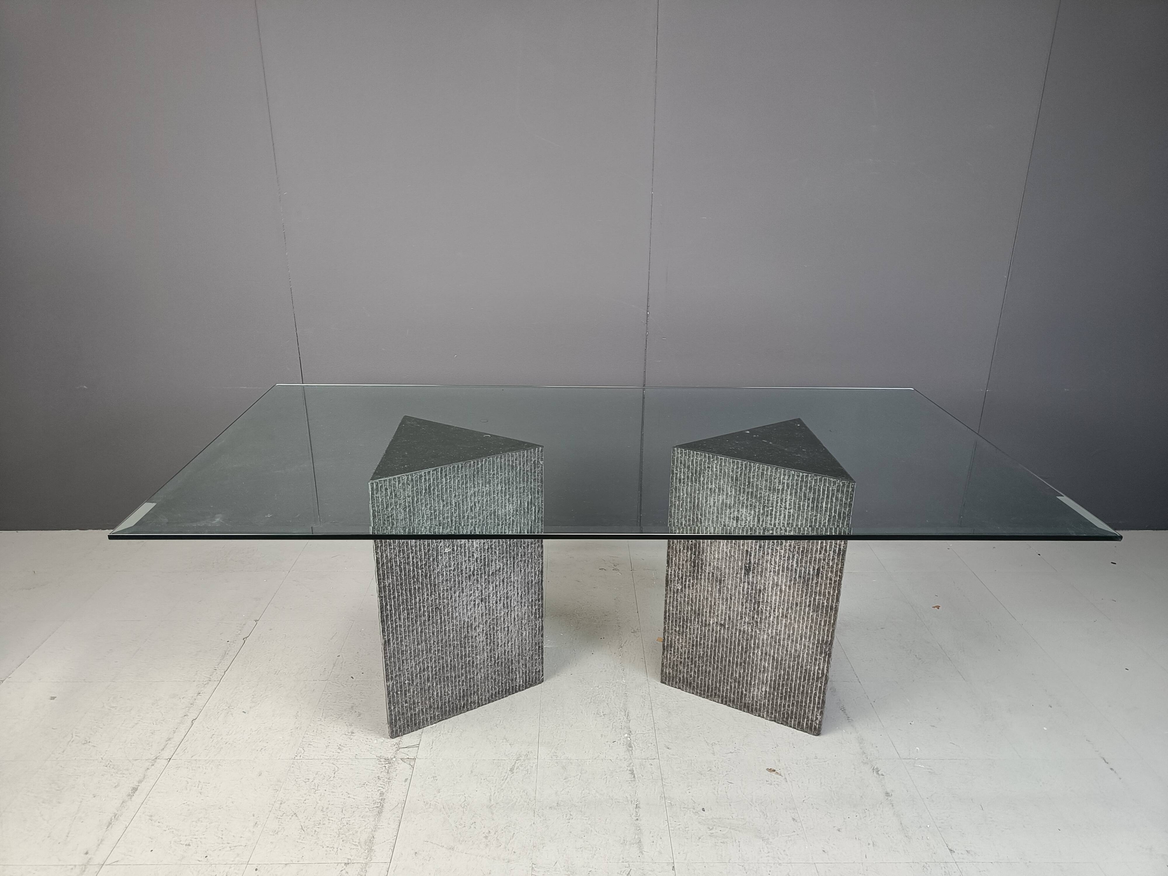 Vintage brutalist glass and marble dining table, 1970s