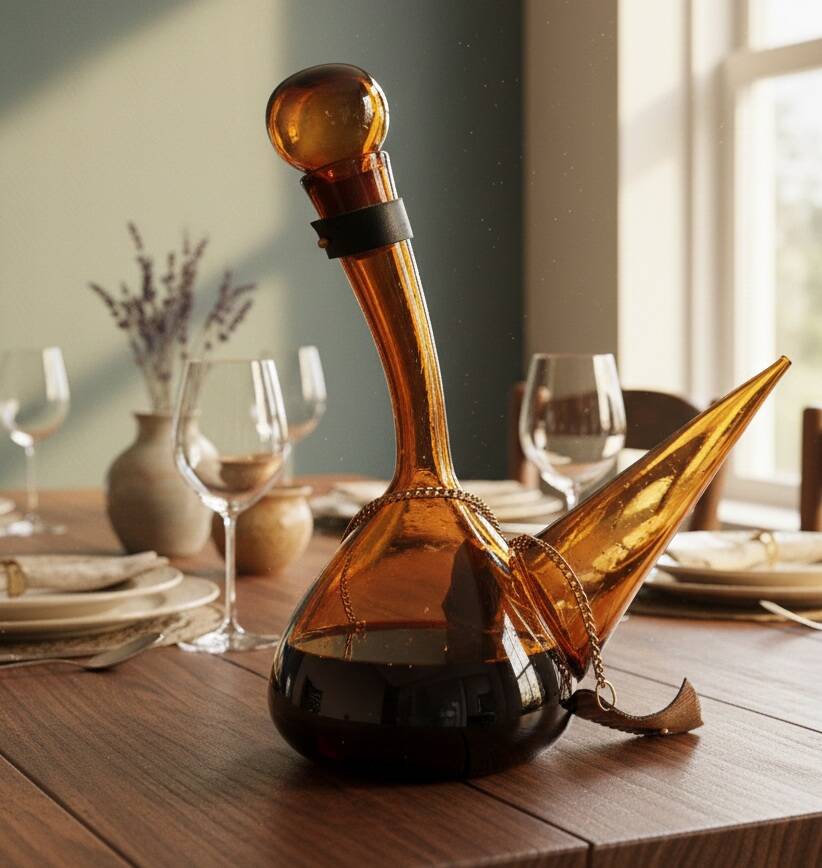Vintage Amber Glass Wine Carafe - Artisan Decanter in Porron Style