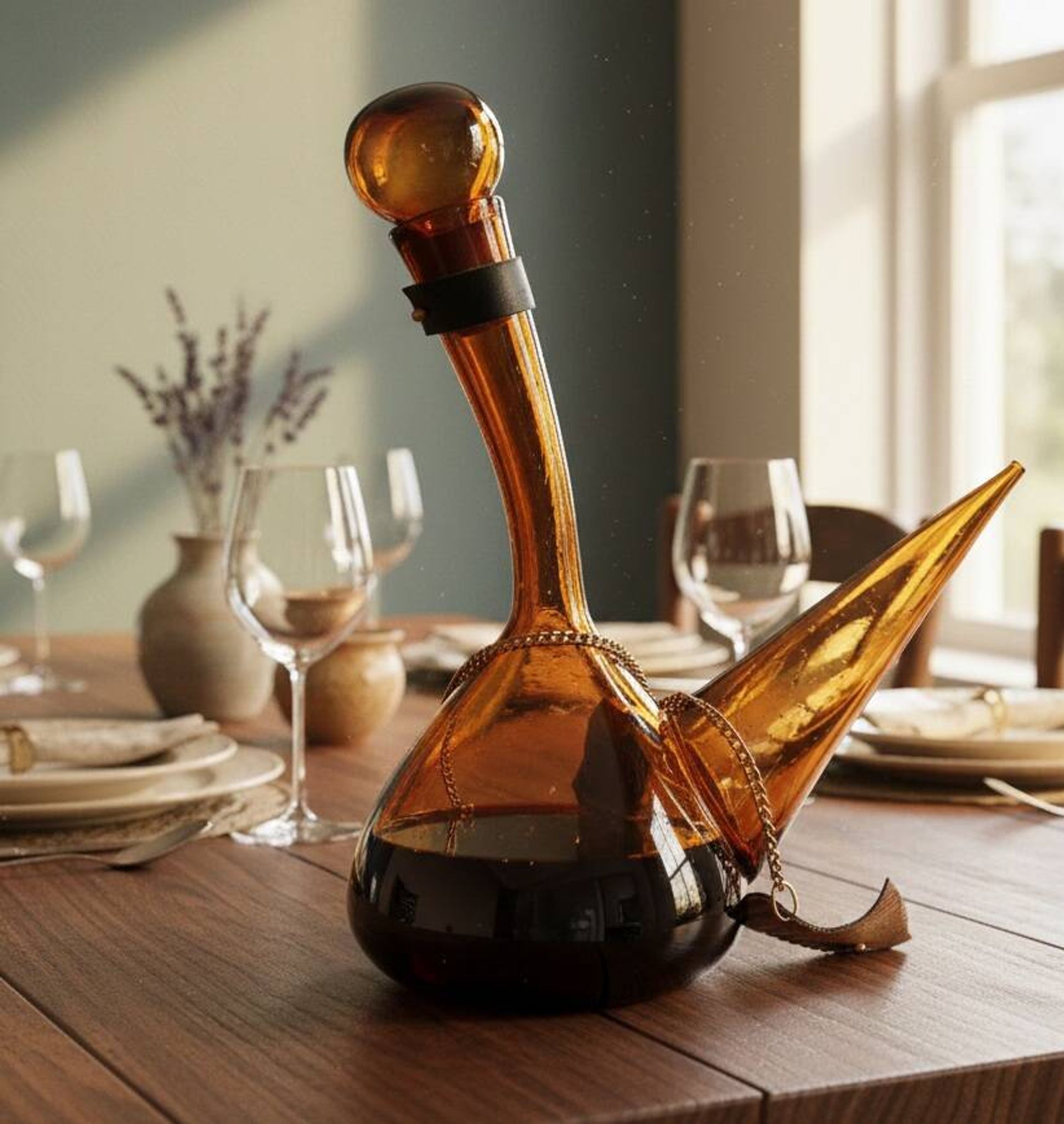 Vintage Amber Glass Wine Carafe - Artisan Decanter in Porron Style