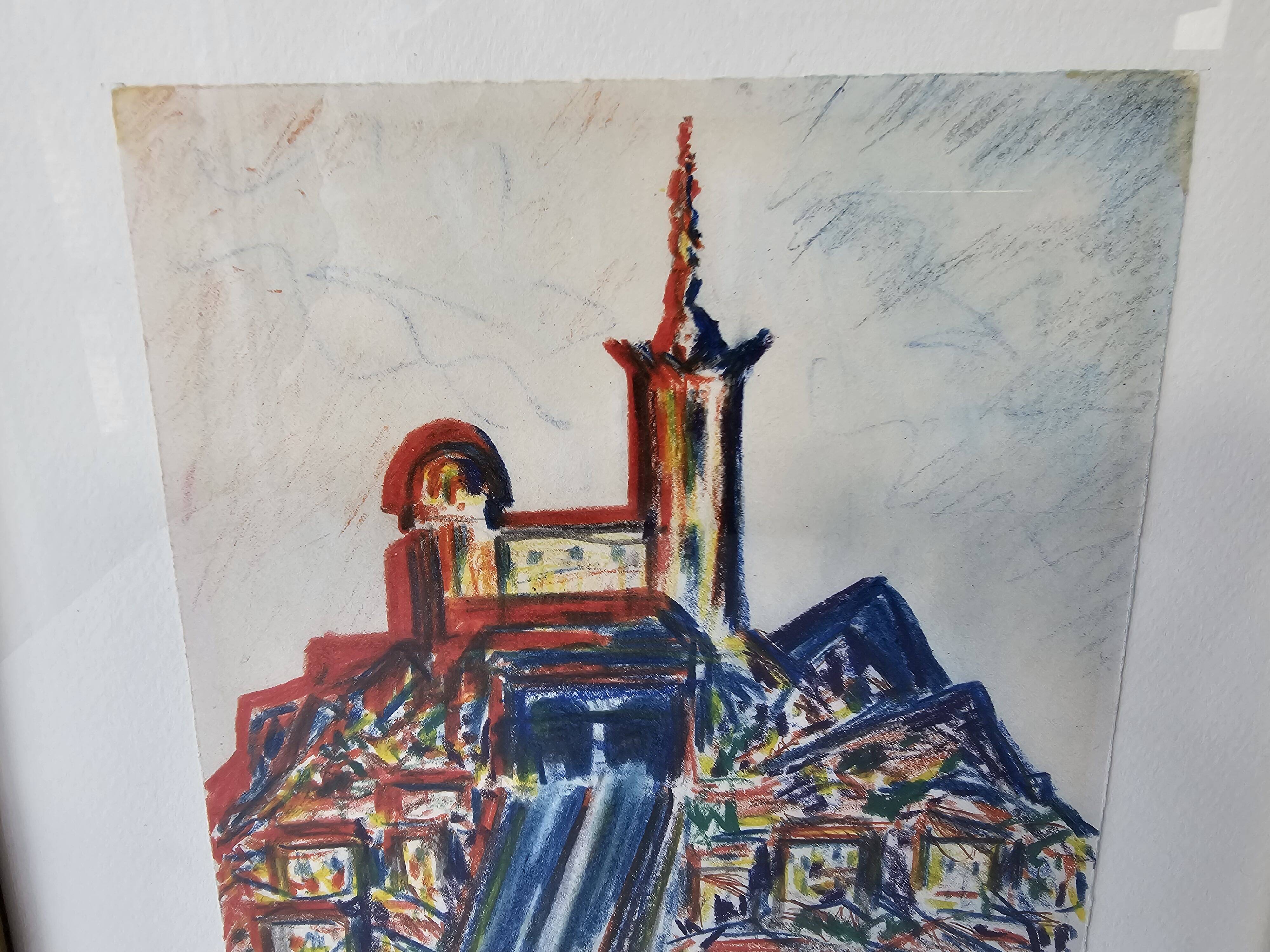 Pastel painting of Notre Dame de la Garde, Marseille. Signed JM (Signature at id)