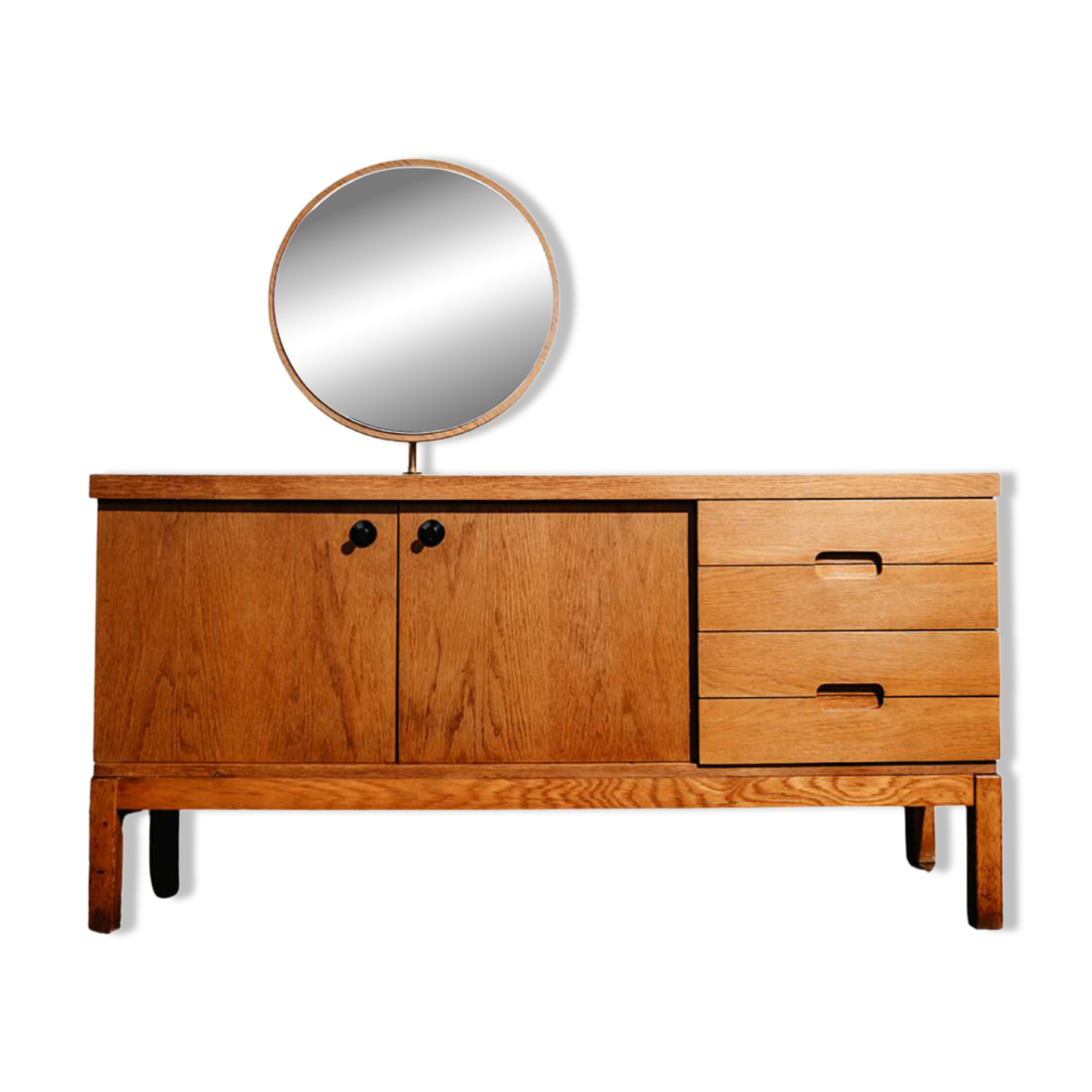 Vintage oak cabinet with circular mirror, 1960s modernist design.