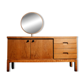 Vintage oak cabinet with circular mirror, 1960s modernist design.