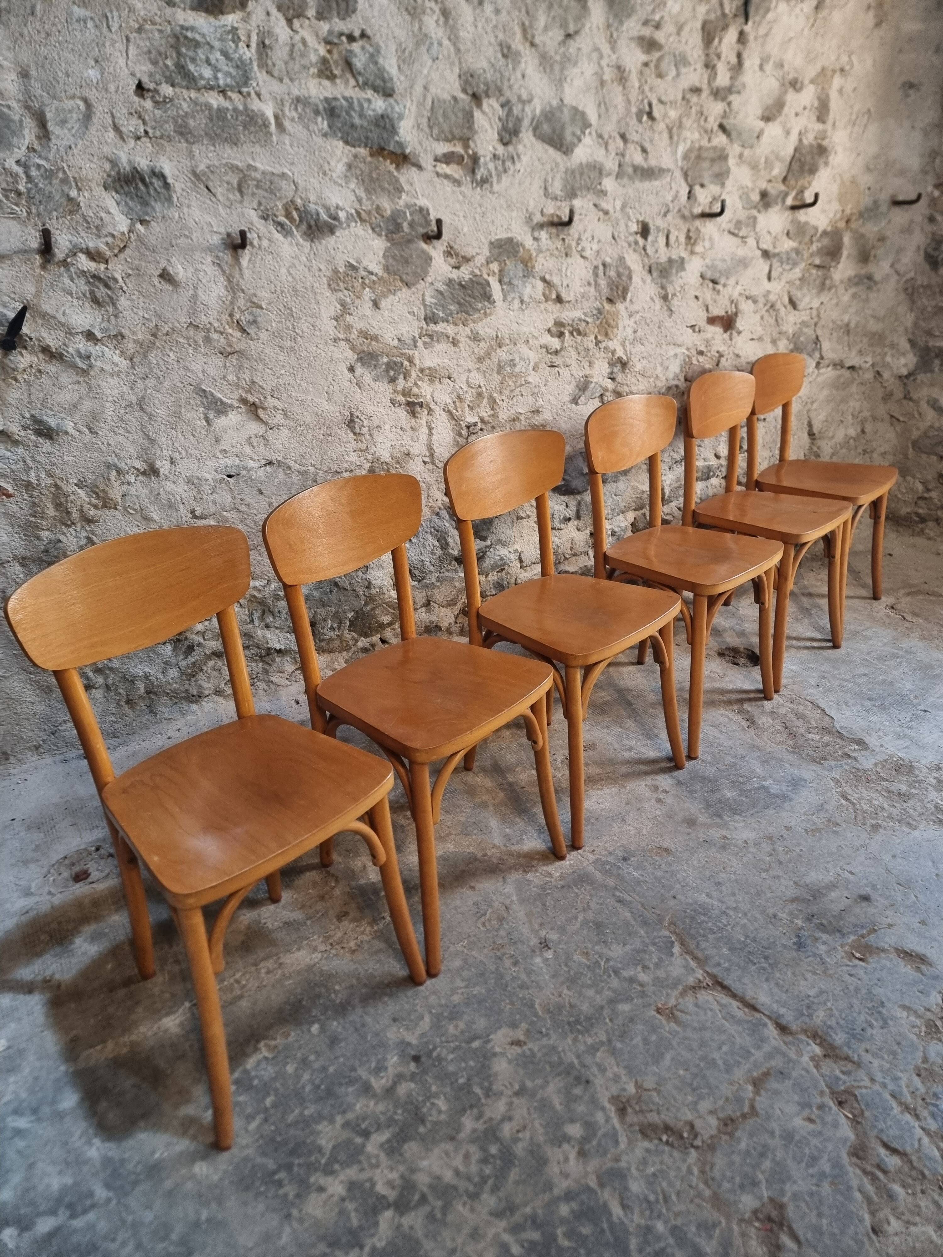 Ensemble de 6 chaises bistrot françaises vintage en bois courbé par Luterma, vers 1950–1970