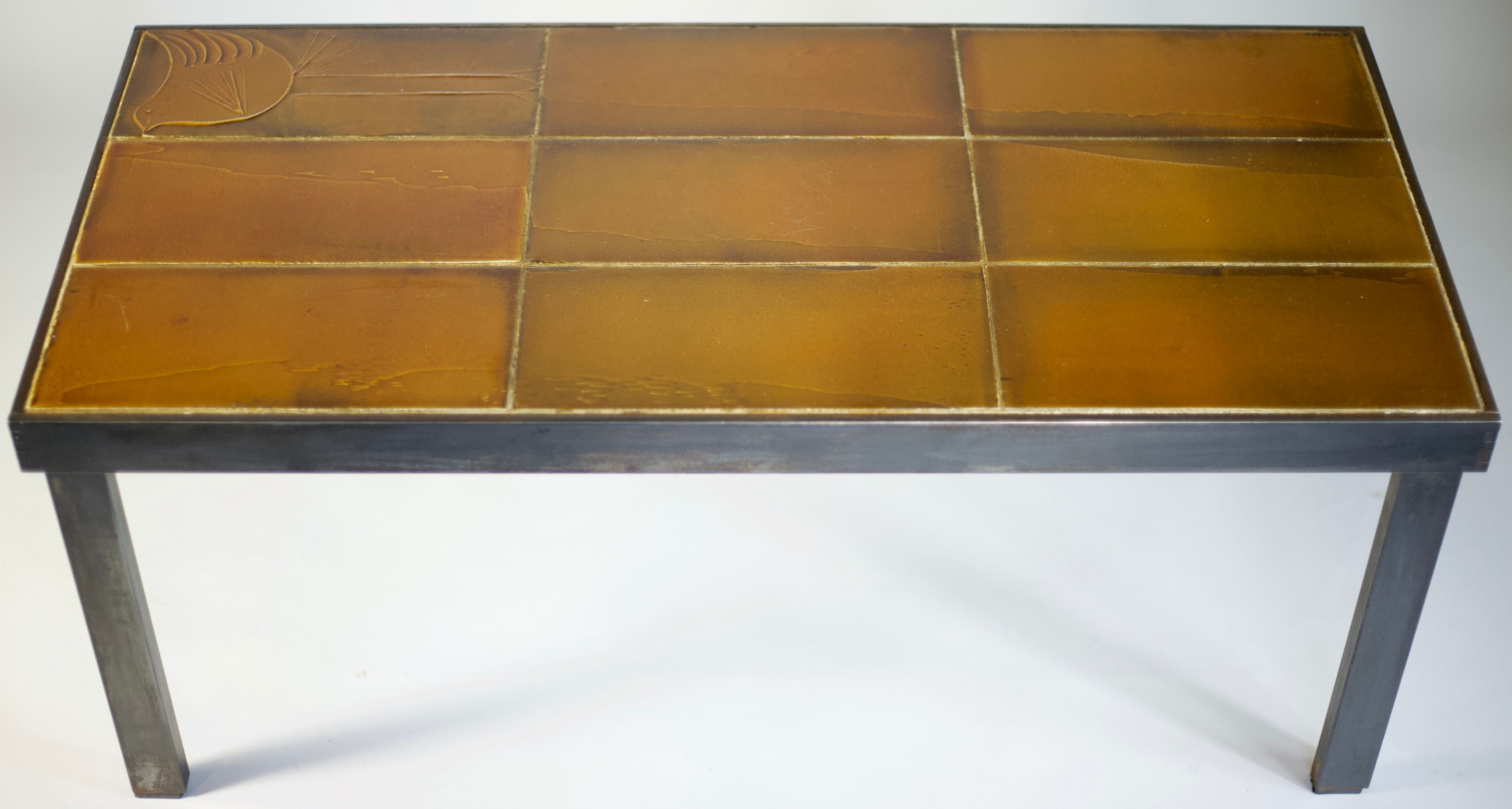 Coffee table signed Roger Capron, steel and ceramic, bird motif