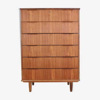 Commode danoise moderne de six tiroirs du milieu du siècle, Tallboy en teck, Danemark, années 1960