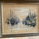 Old gouache broutin urk fishing boats + wooden frame #b545