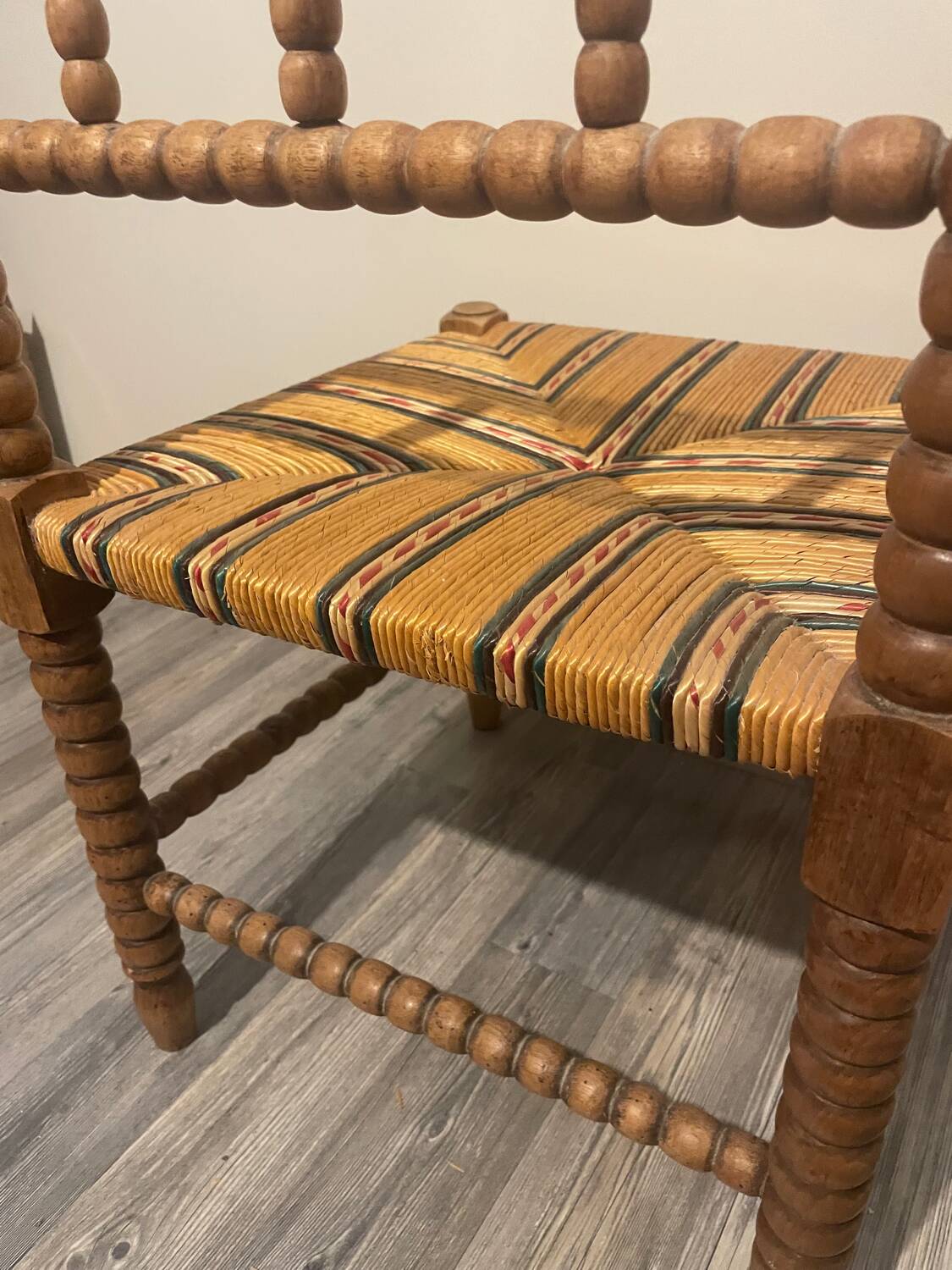 Vintage Art Deco Bobbin Wood and Straw Corner Chair, 1930s