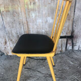 Baumann western style chair in yellow wood + vintage black skai seat