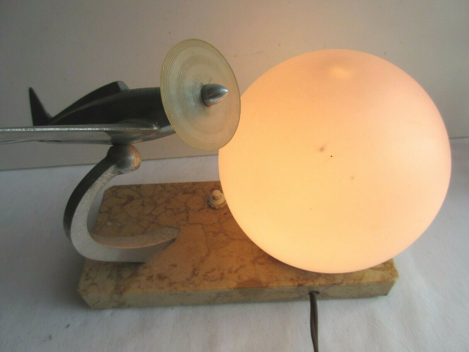 Art deco table lamp aluminum airplane and ball tulip on marble terrace