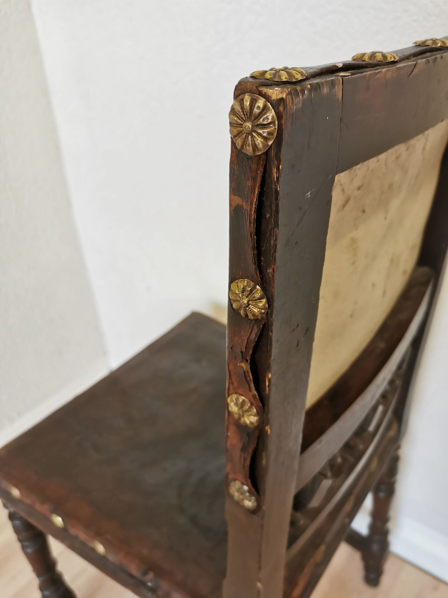 Antique 1930s Leather Dining Chair: Carved Wood Base, Metal Accents