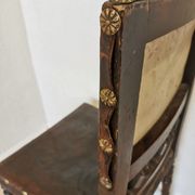 Antique 1930s Leather Dining Chair: Carved Wood Base, Metal Accents