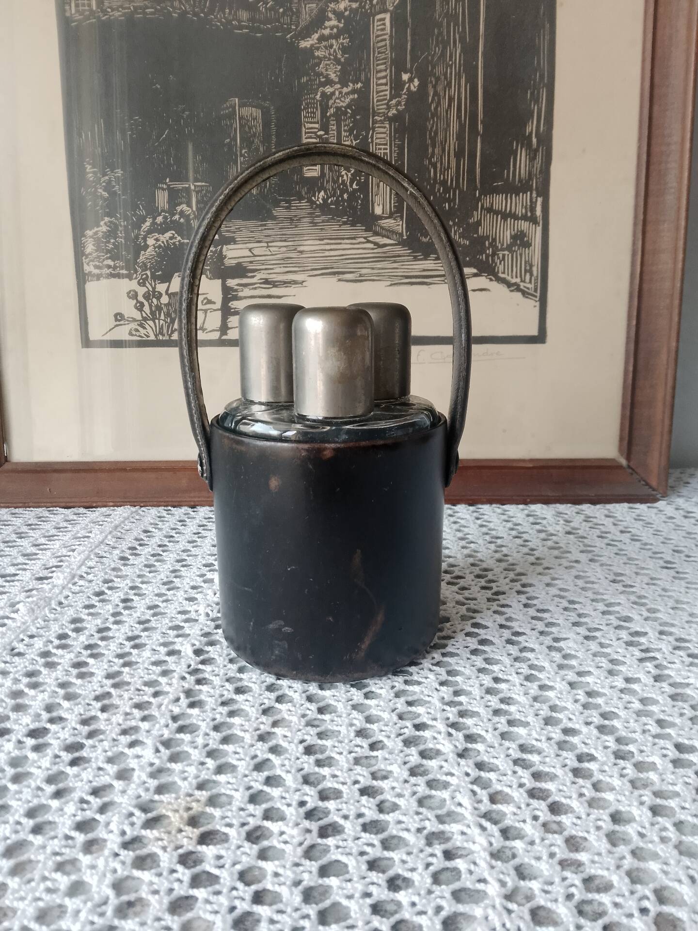 Liquor cabinet / set of 3 vintage travel flasks by Le Tanneur