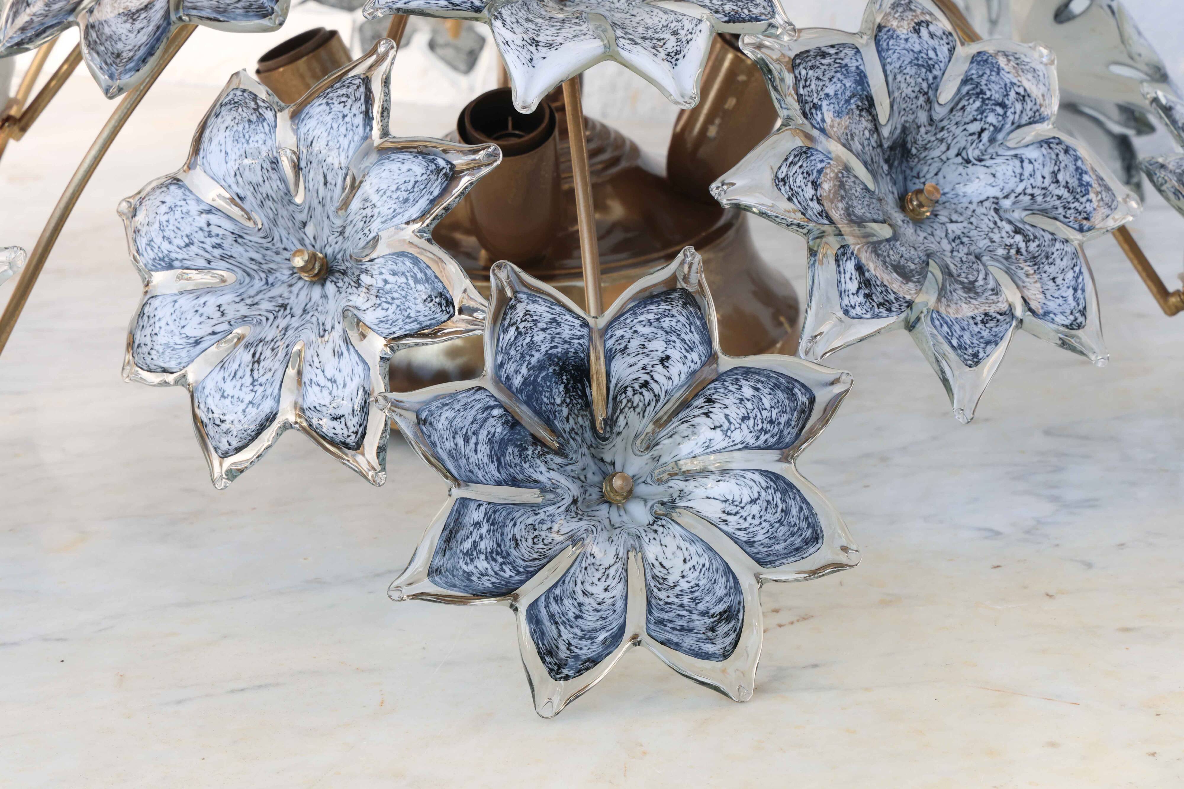 Large Murano Vintage Ceiling Light Black Flowers, 1970s