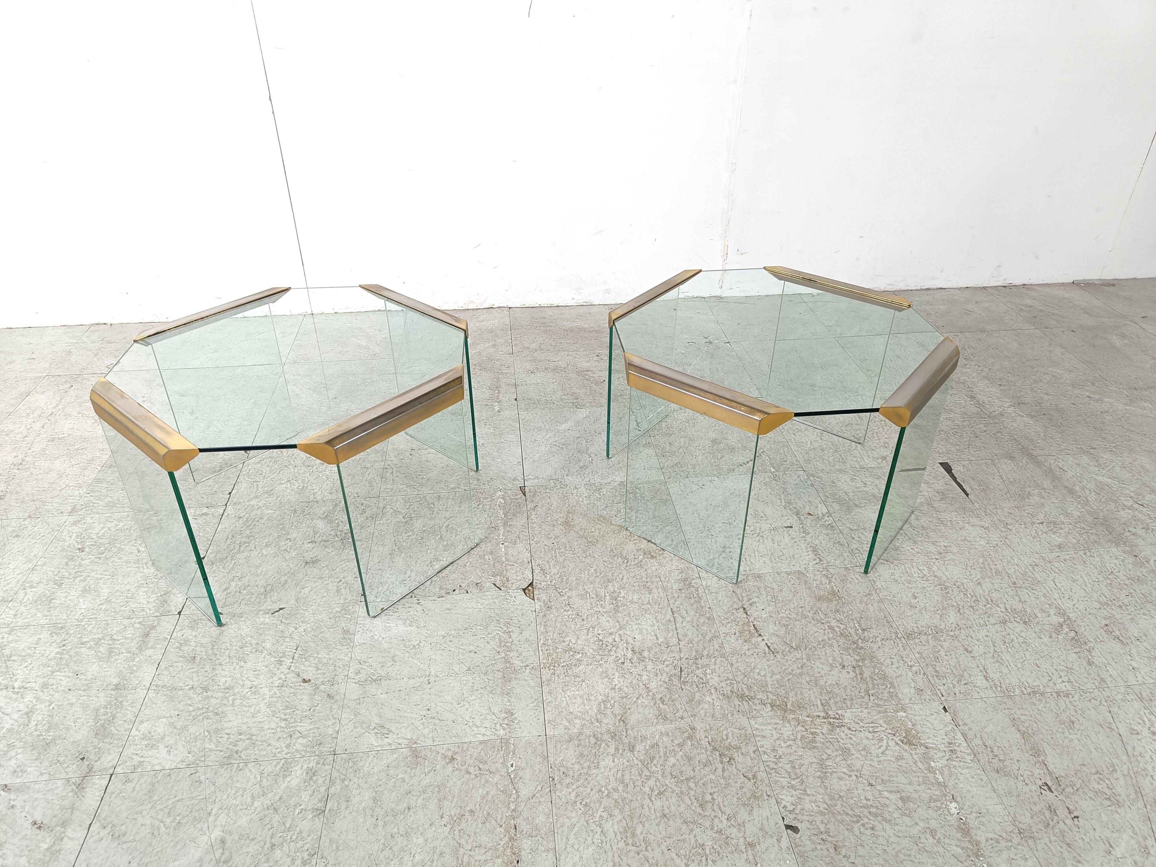 Pair of vintage brass and glass side tables,  1970s