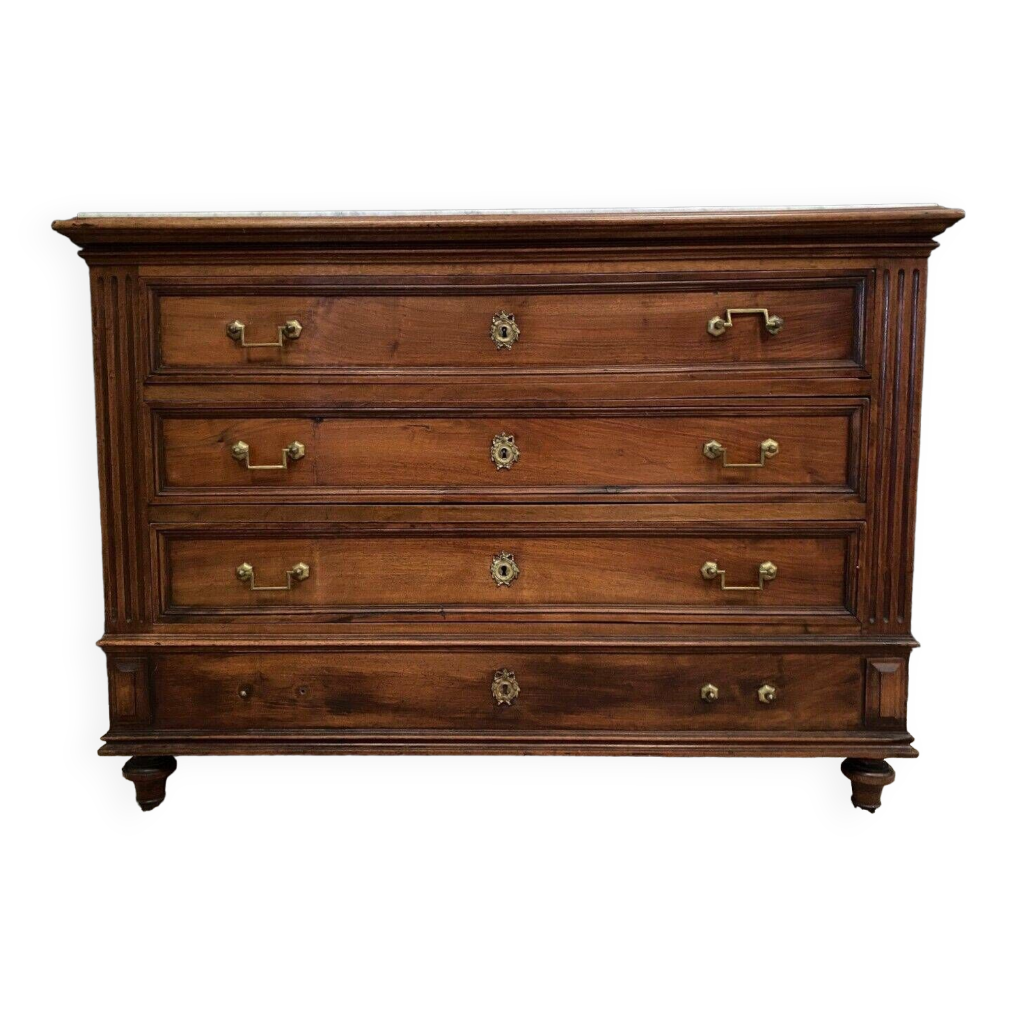 19th century Louis XVI style chest of drawers, white marble, fluted 4 drawers