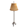 Art Deco floor lamp in bronze metal with a straw yellow fabric shade, twisted shaft, and tripod base.