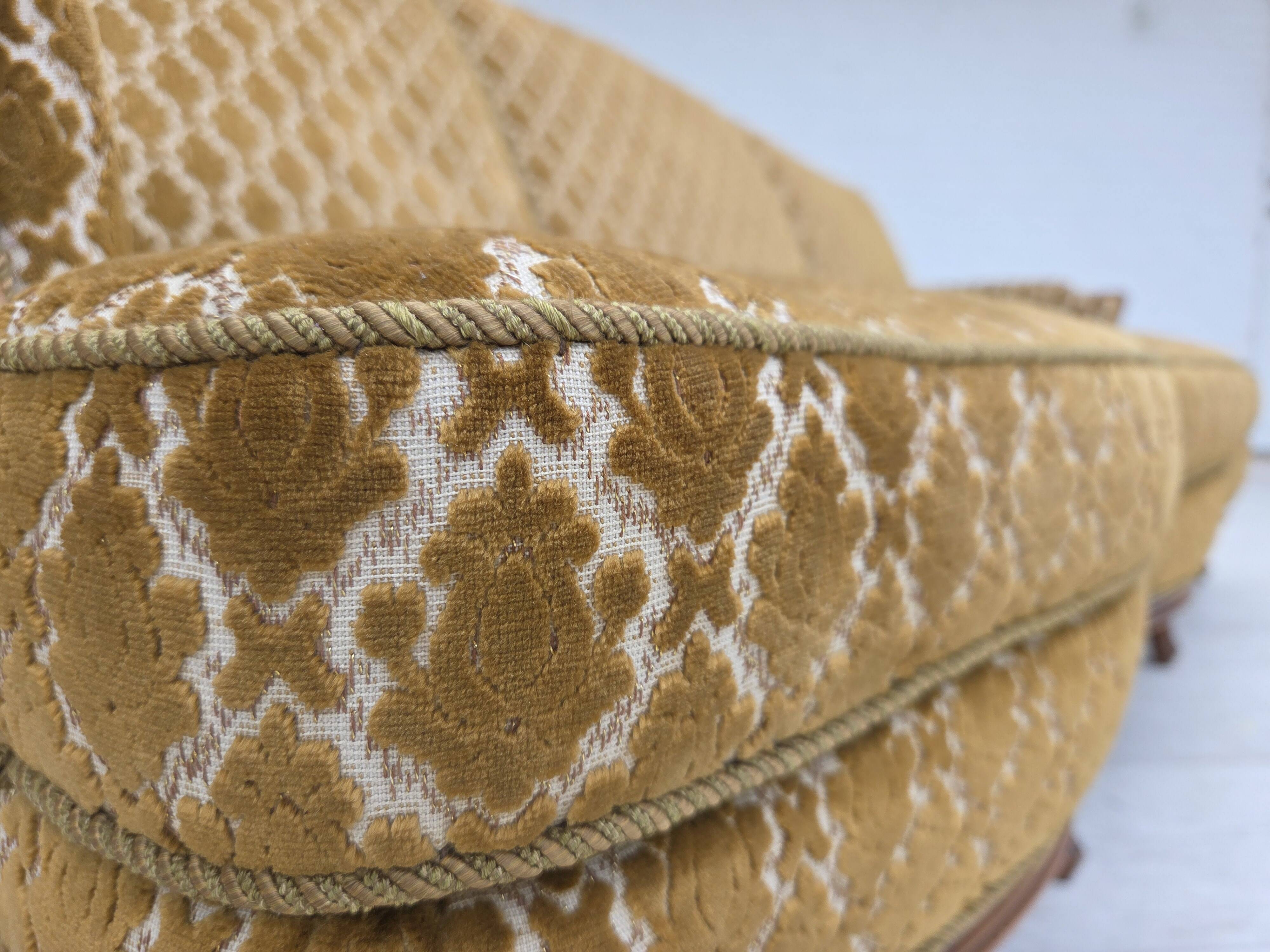 1950s, Danish 3-seater sofa, furniture velour, carved ash wood.