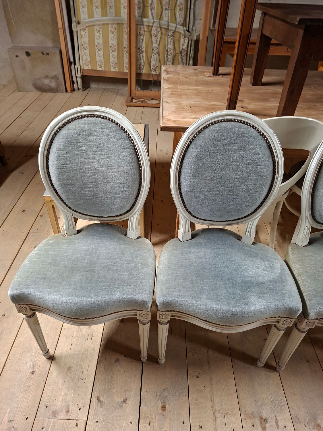 Set of 6 Louis XVI style patinated medallion chairs.