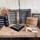 Vintage wooden table with a cast iron base.