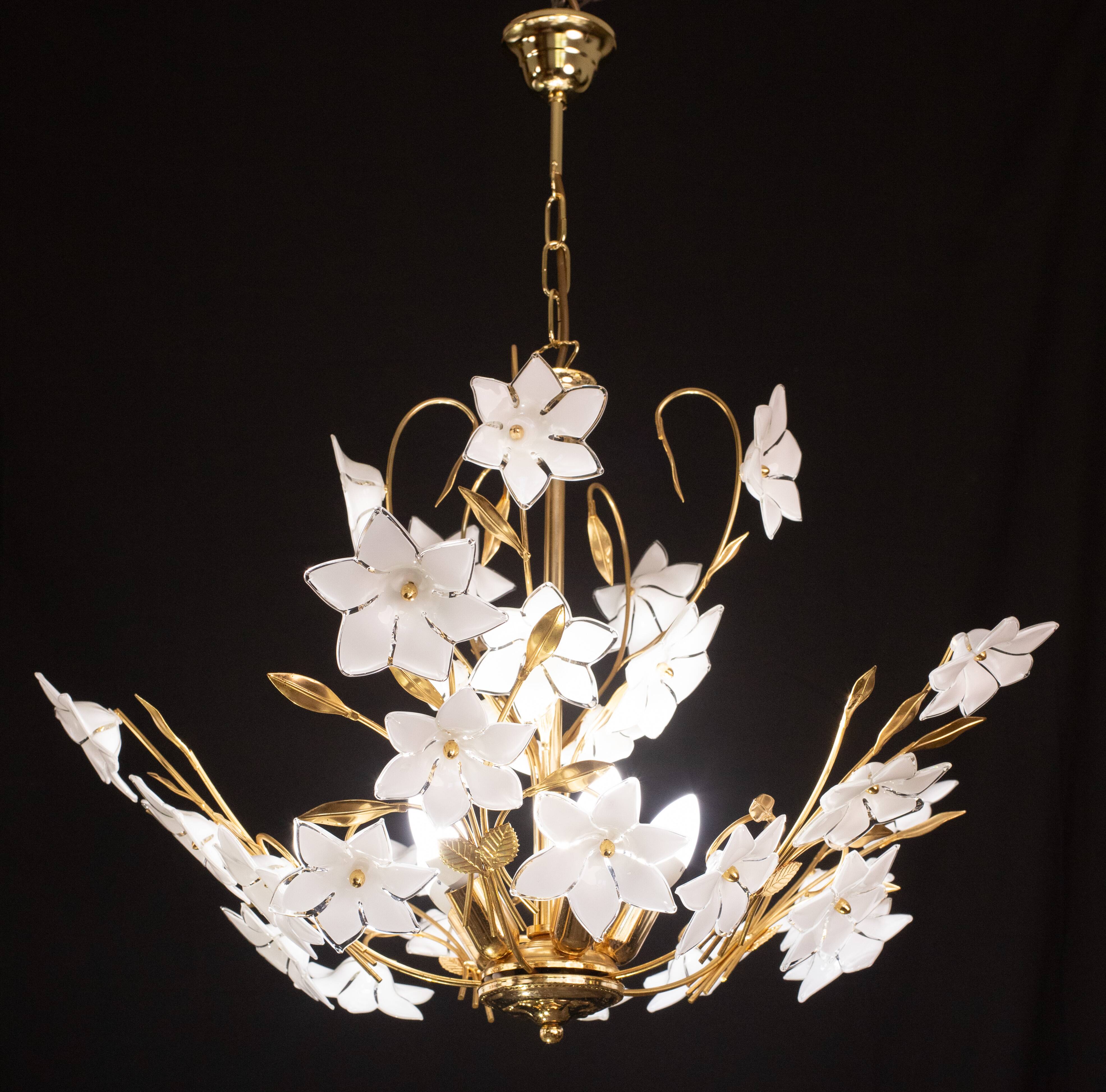 Vintage Murano Glass Chandelier White Flowers, 1970