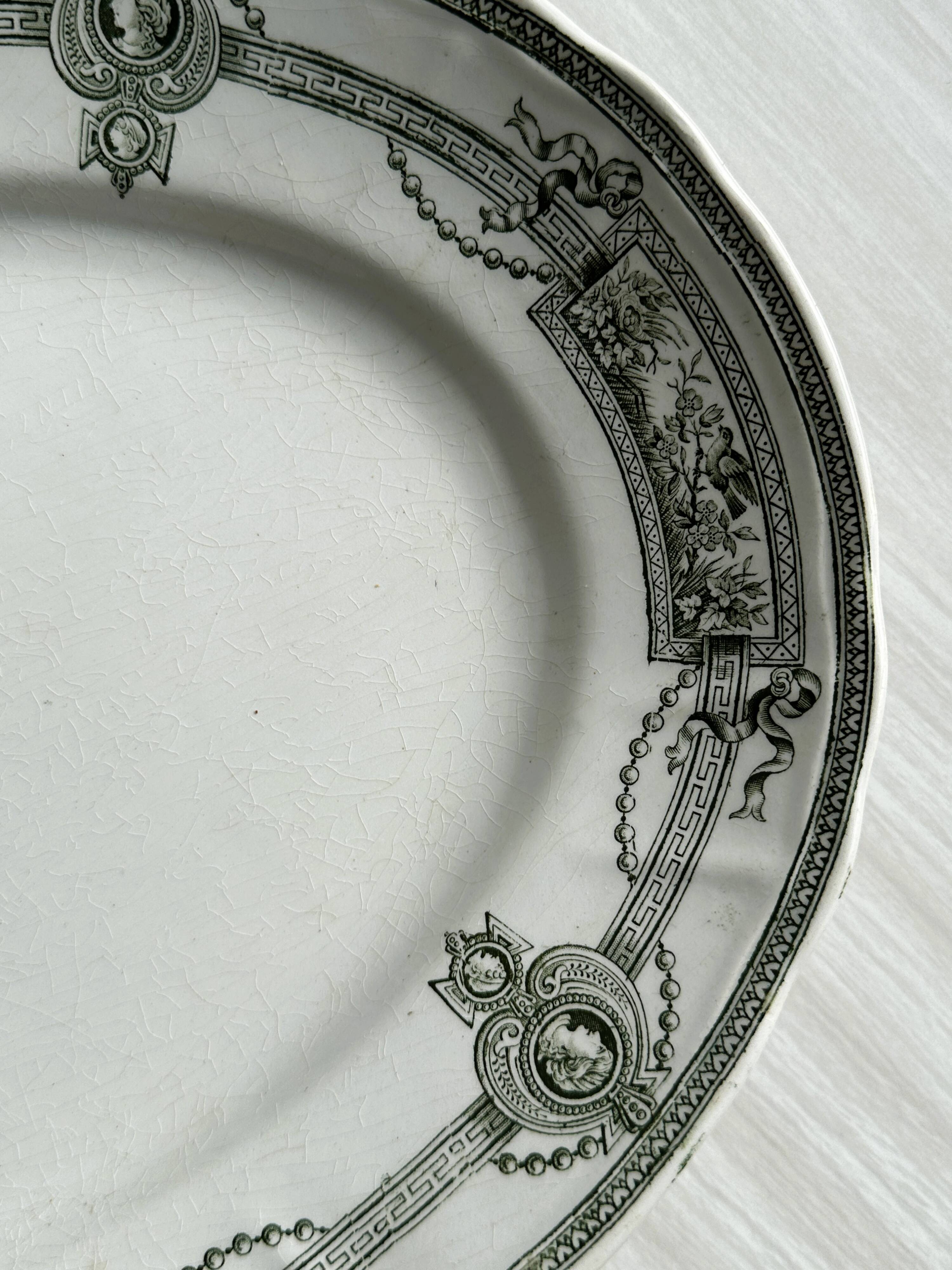 Antique oval earthenware dish, black and white neoclassical decor