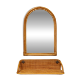 Superbe miroir et console en bambou et rotin des années 1960. Fabriqué en Italie.