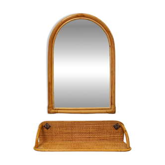 1960s Gorgeous Bamboo and Rattan Mirror and Console. Made in Italy