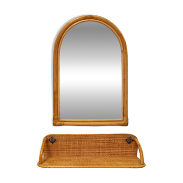 1960s Gorgeous Bamboo and Rattan Mirror and Console. Made in Italy