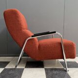 Red Brown fabric relax chair in Chrome frame 1970s