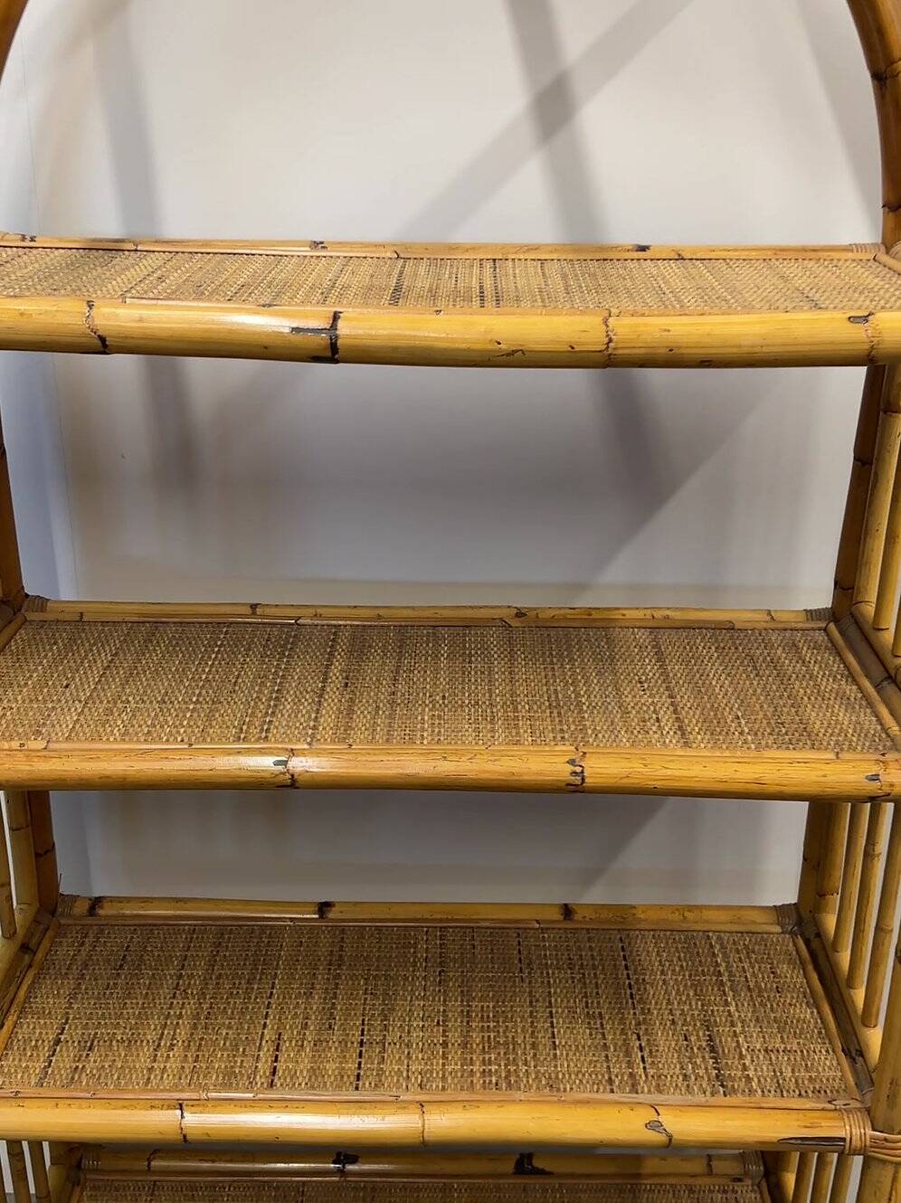 Boho chic arched bamboo shelves 1970s MCM Italian Dal Vera freestanding bookcase