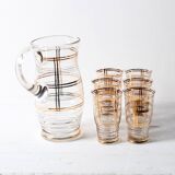 Mid-Century Italian Glass Pitcher & Six Glasses with Golden Details / Italy