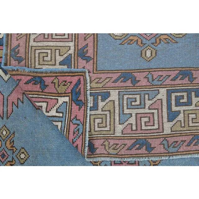 Vintage Turkish hand-knotted wool cotton blue area rug 170x259