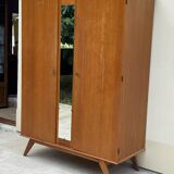 1960s Scandinavian-style compass-legged wardrobe in wood and mirror