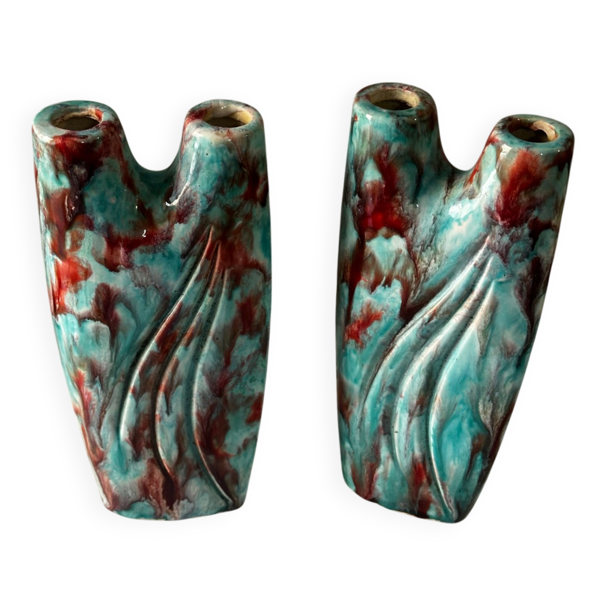 Vintage pair of turquoise and red ceramic candlesticks