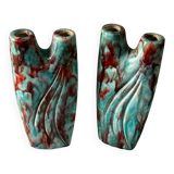 Vintage pair of turquoise and red ceramic candlesticks