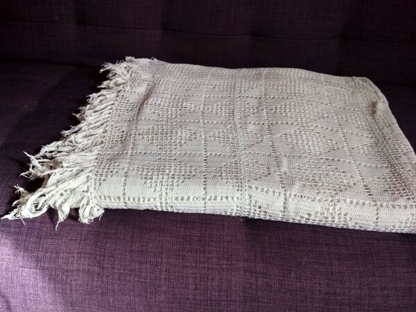 Dessus de lit en coton blanc , Ancien jeté de lit en crochet , couvre lit coton blanc