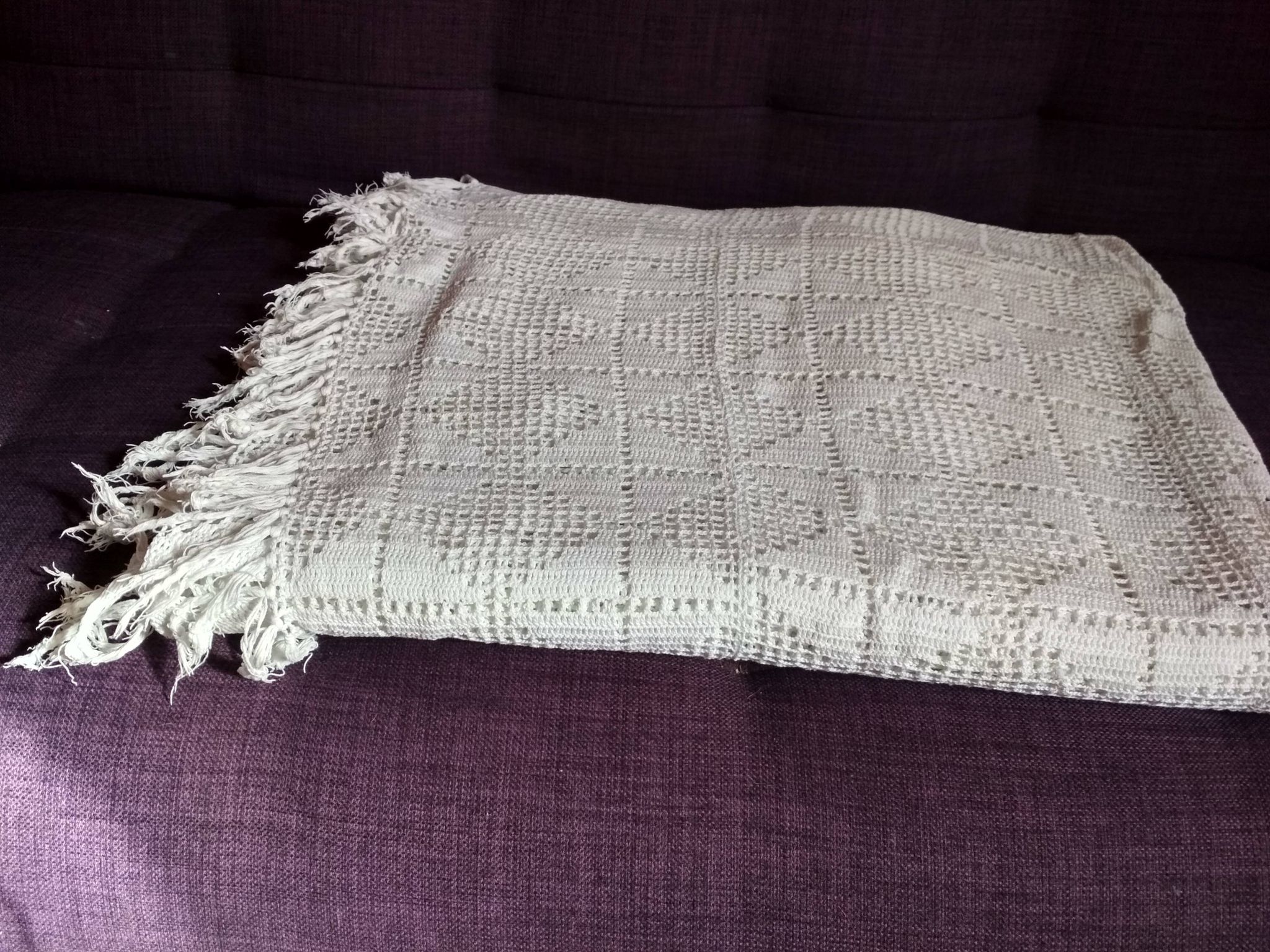 Dessus de lit en coton blanc , Ancien jeté de lit en crochet , couvre lit coton blanc