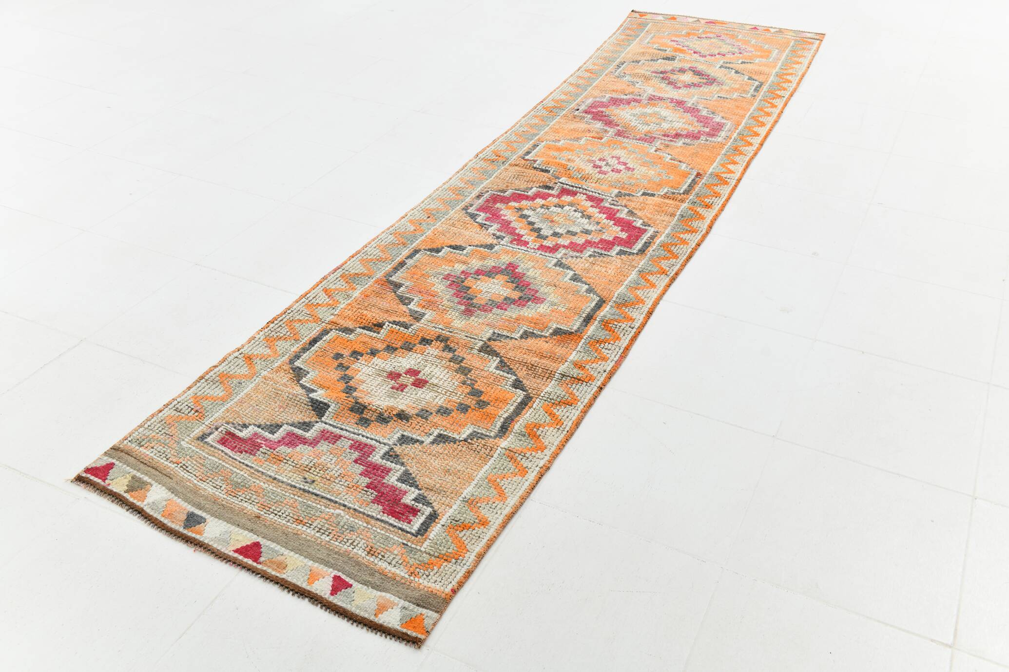 3x12 Vintage Red Orange Turkish Runner Rug, Handmade Wool Carpet, 86x352Cm