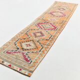 3x12 Vintage Red Orange Turkish Runner Rug, Handmade Wool Carpet, 86x352Cm