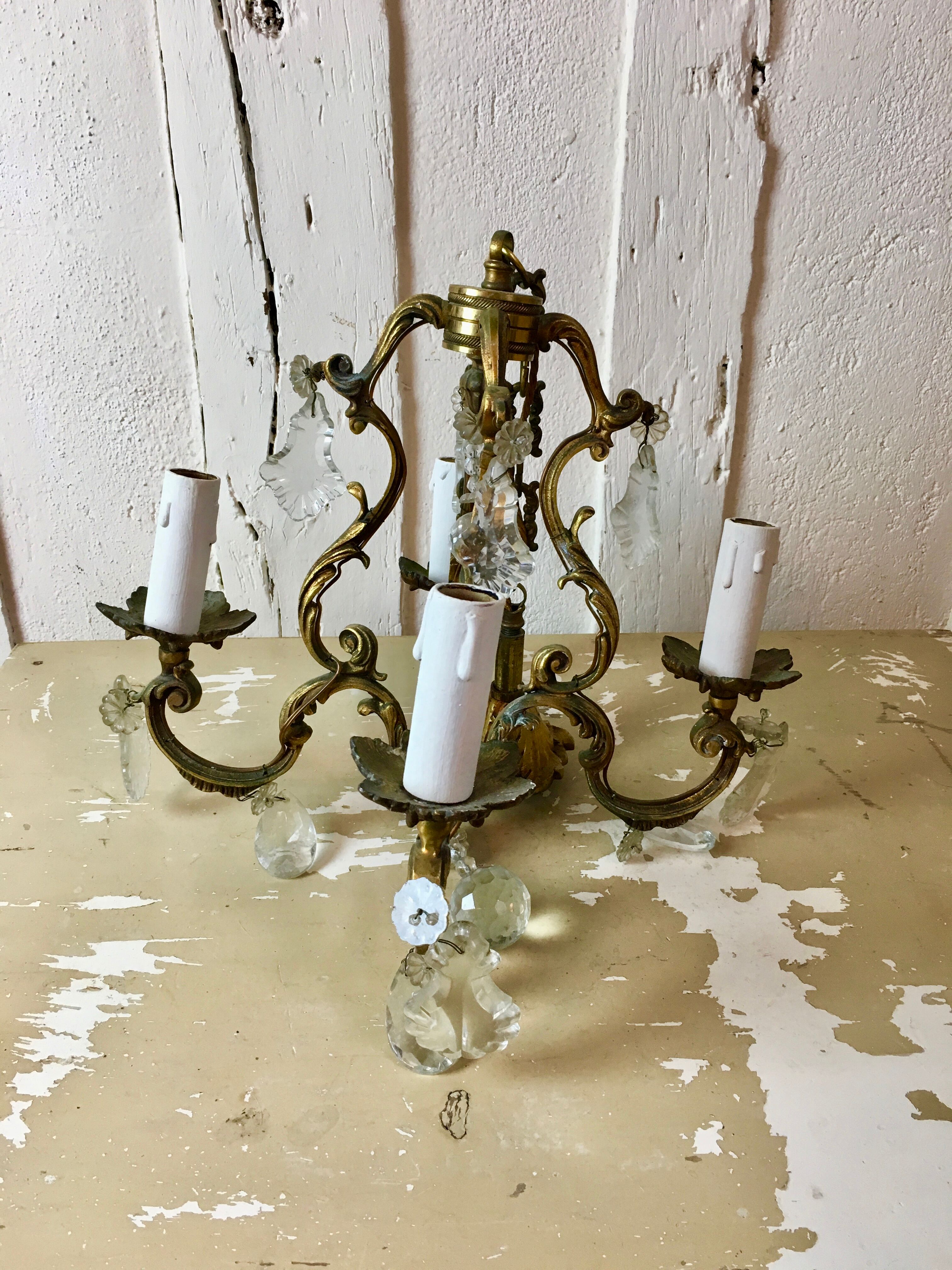 Cage chandelier 4 burners solid bronze and crystal pendants
