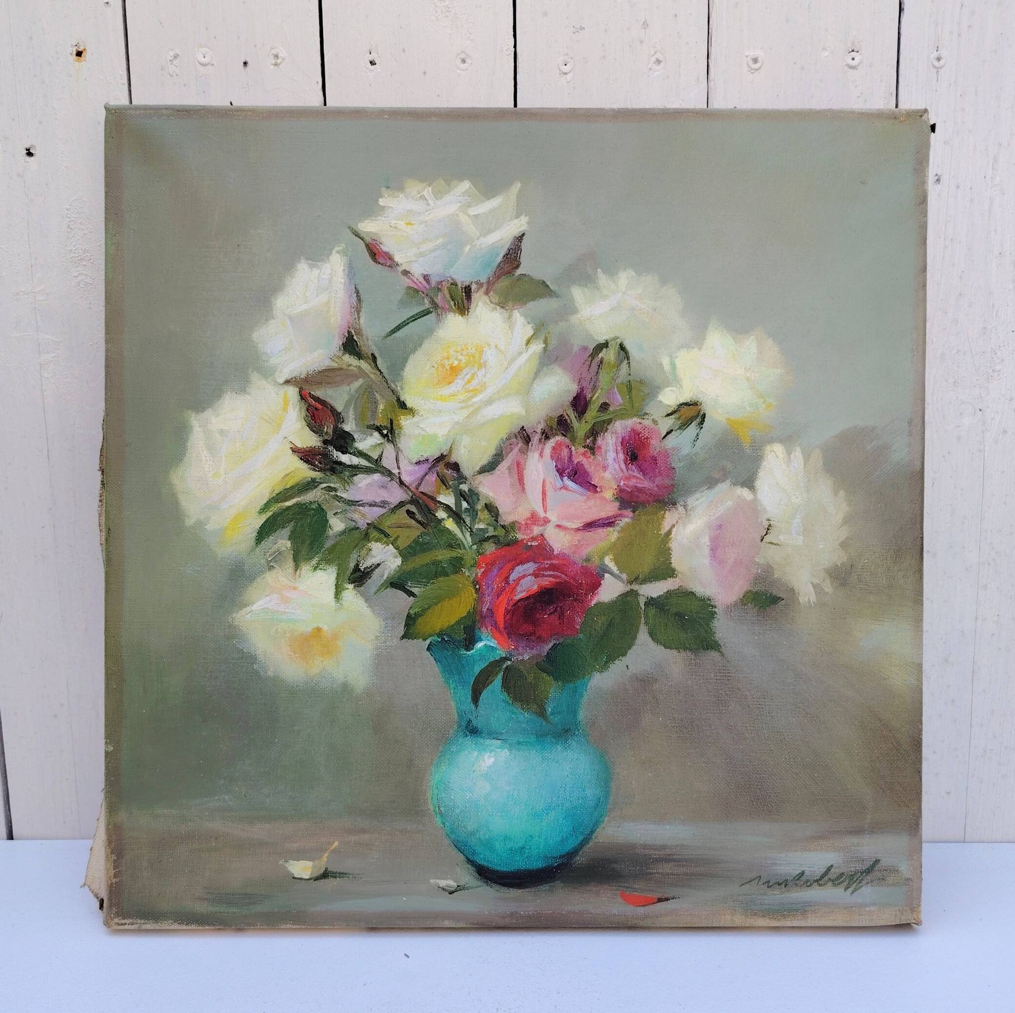 Huile sur toile  Bouquet de roses  signé Robert