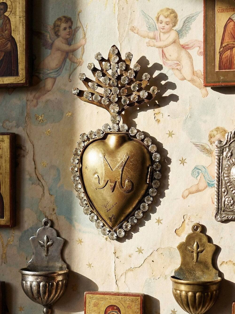 Ex-voto ancien cœur enflammé de Marie pomponne serti de strass, XIXe-XXe
